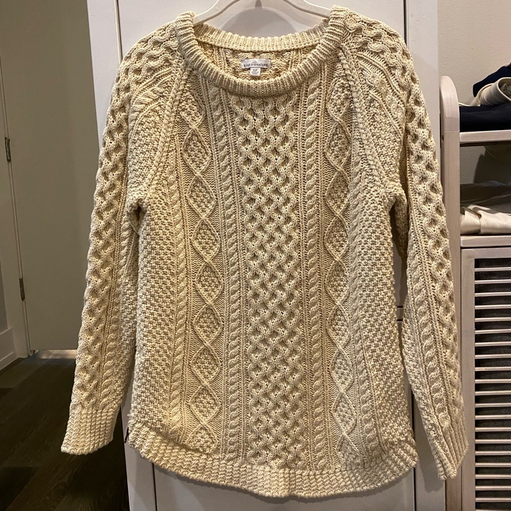 LL Bean Petite Small Beige Fisherman’s Sweater with Zipper Details
